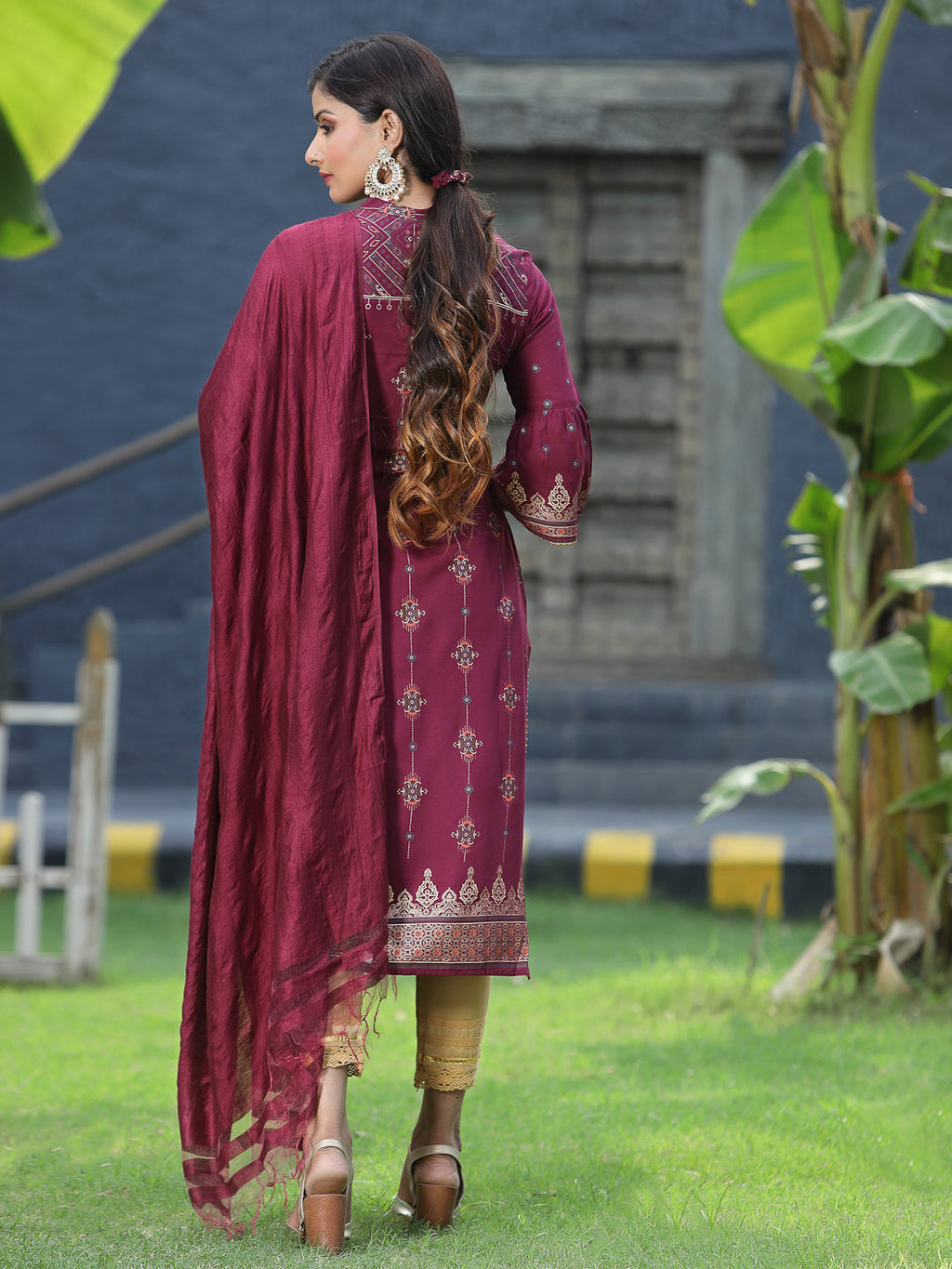 Juniper Womens Wine Rayon Foil Printed Kurta With Dupatta Set - Distacart