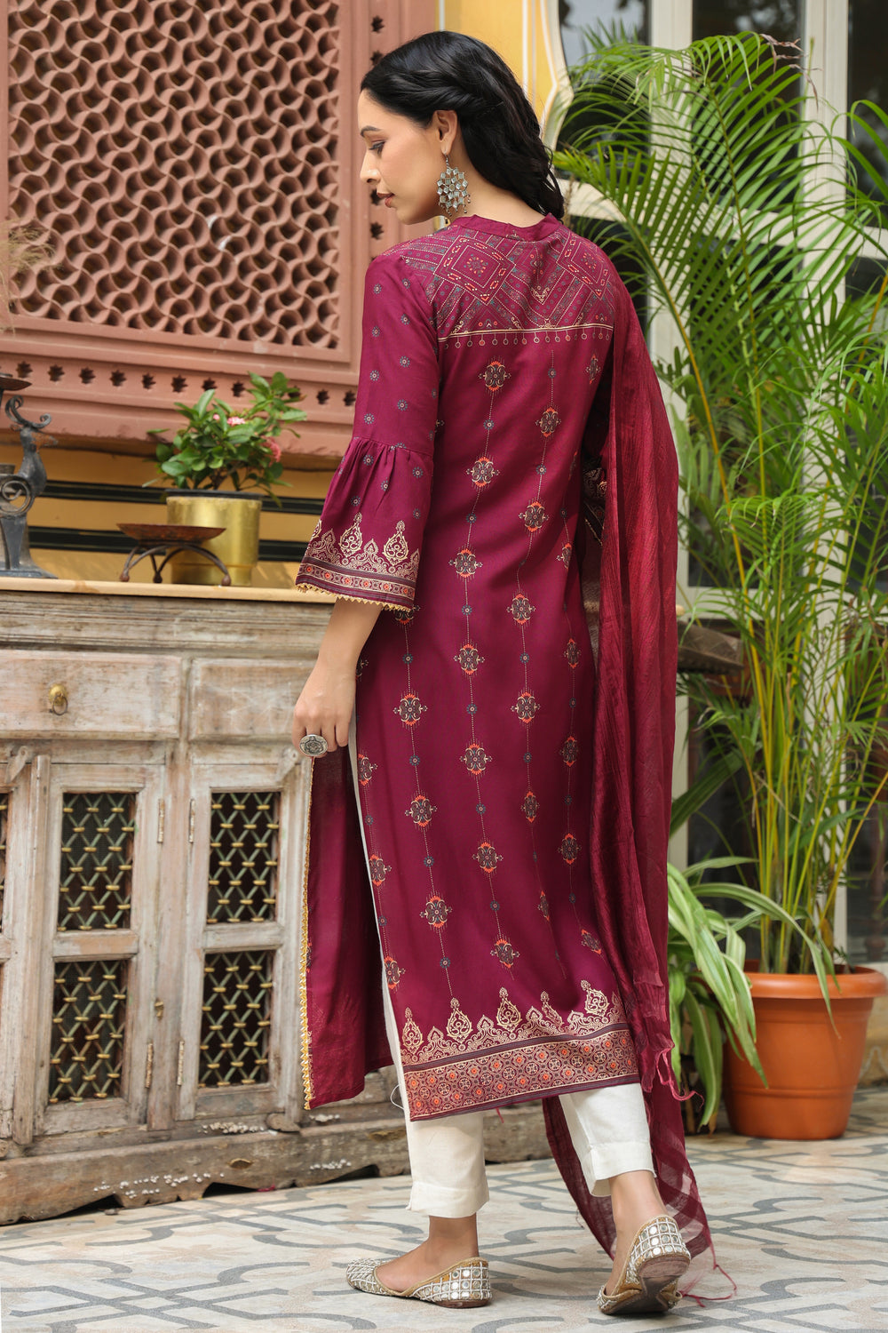 Juniper Women's Wine Rayon Printed Straight Kurta Dupatta Set - Distacart