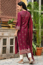 Juniper Women's Wine Rayon Printed Straight Kurta Dupatta Set - Distacart