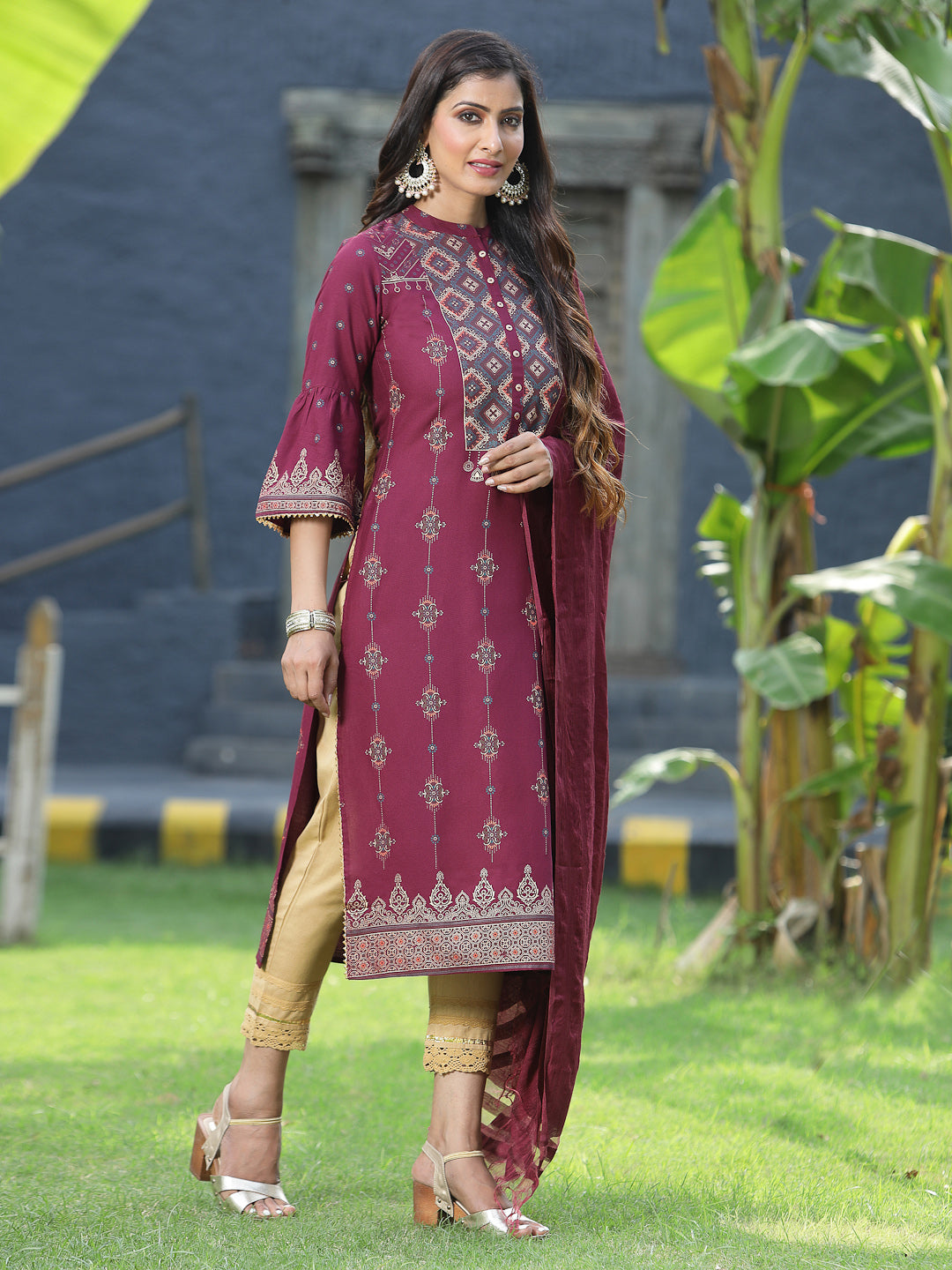 Juniper Womens Wine Rayon Foil Printed Kurta With Dupatta Set - Distacart