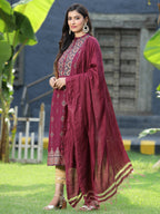Juniper Womens Wine Rayon Foil Printed Kurta With Dupatta Set - Distacart