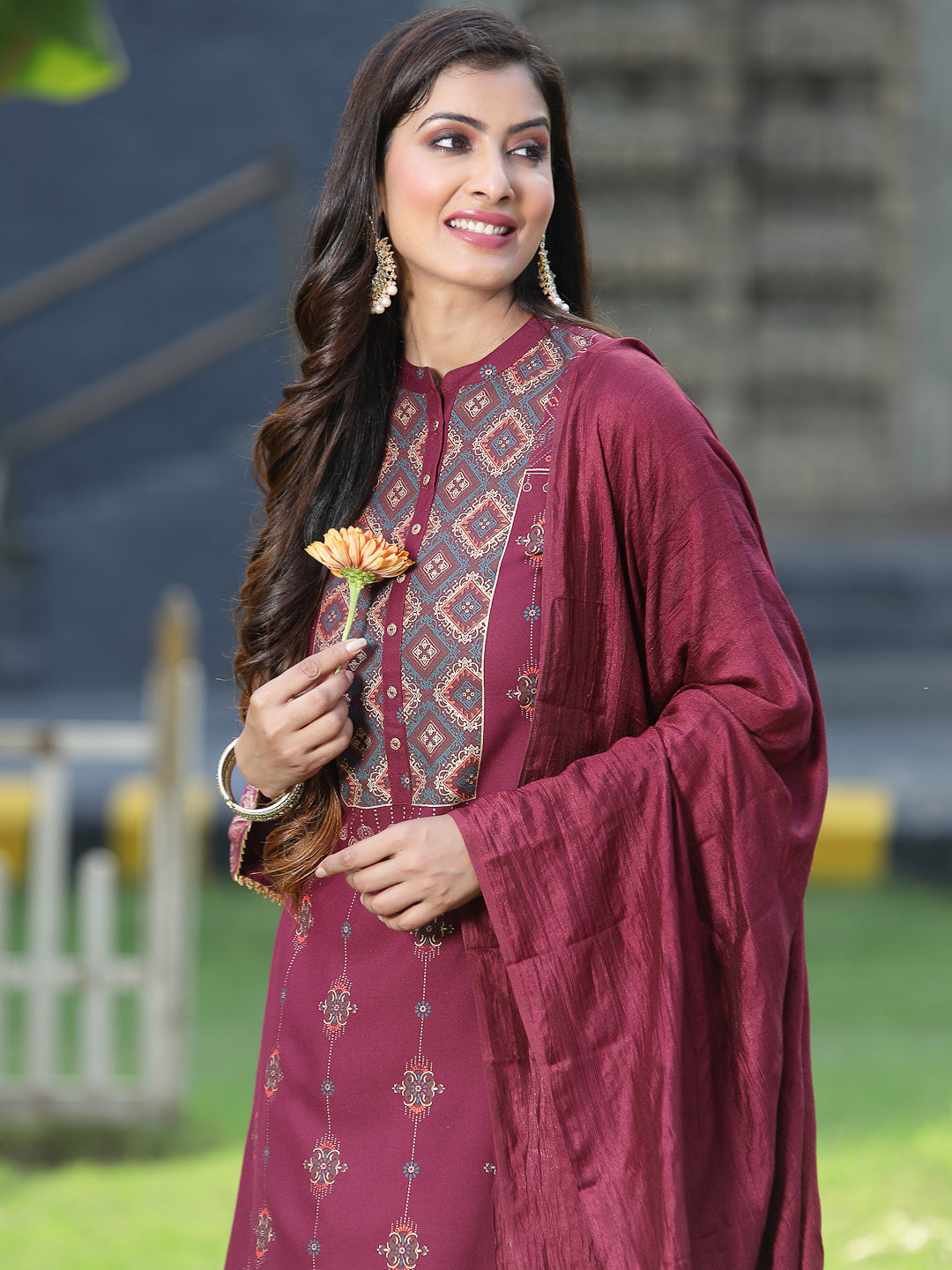 Juniper Womens Wine Rayon Foil Printed Kurta With Dupatta Set - Distacart