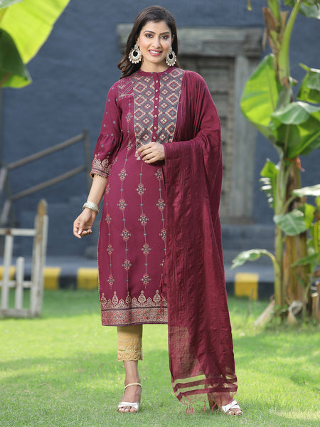 Juniper Womens Wine Rayon Foil Printed Kurta With Dupatta Set