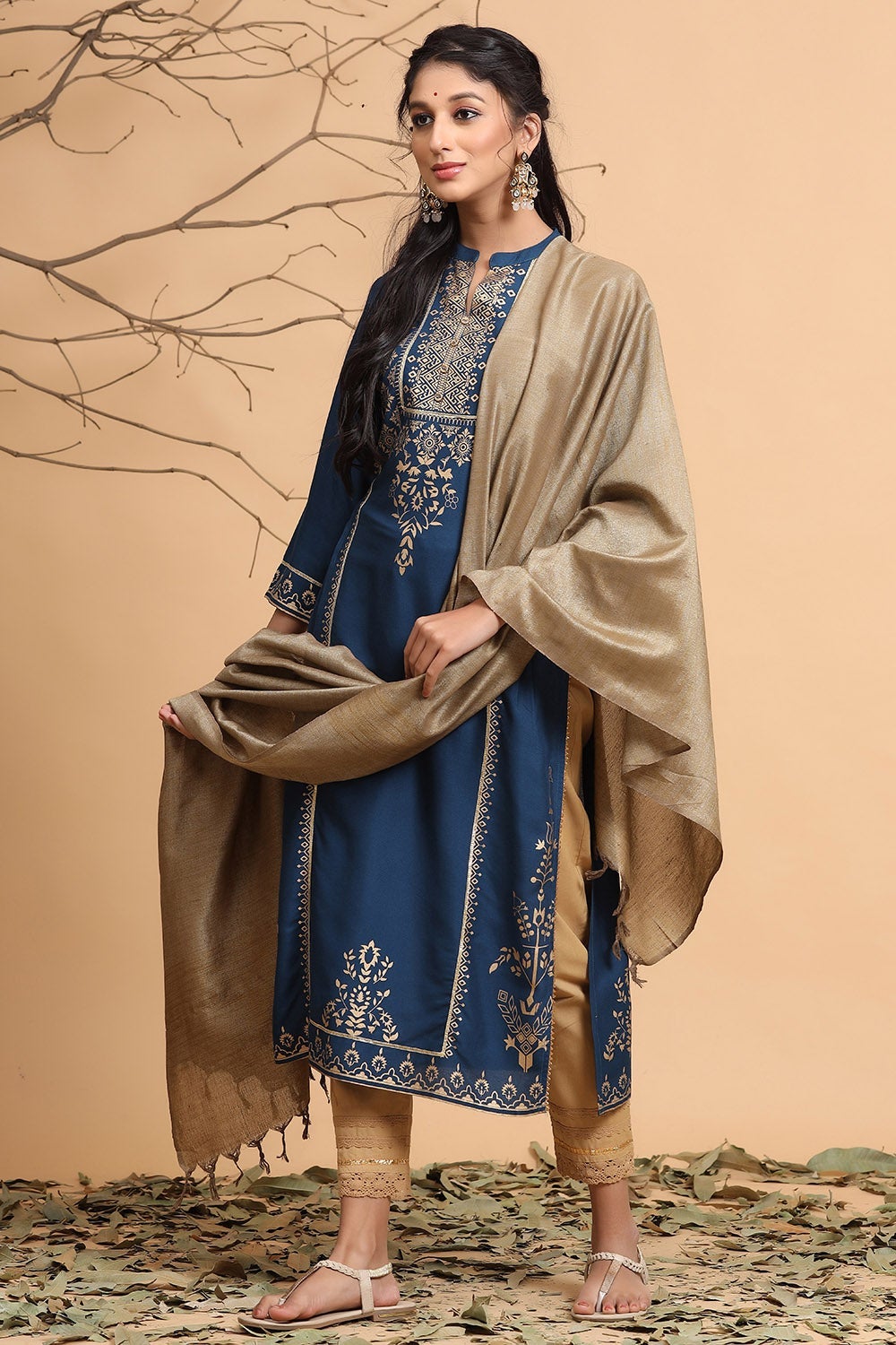 Juniper Women's Darkteal Rayon Printed Straight Kurta Dupatta Set - Distacart