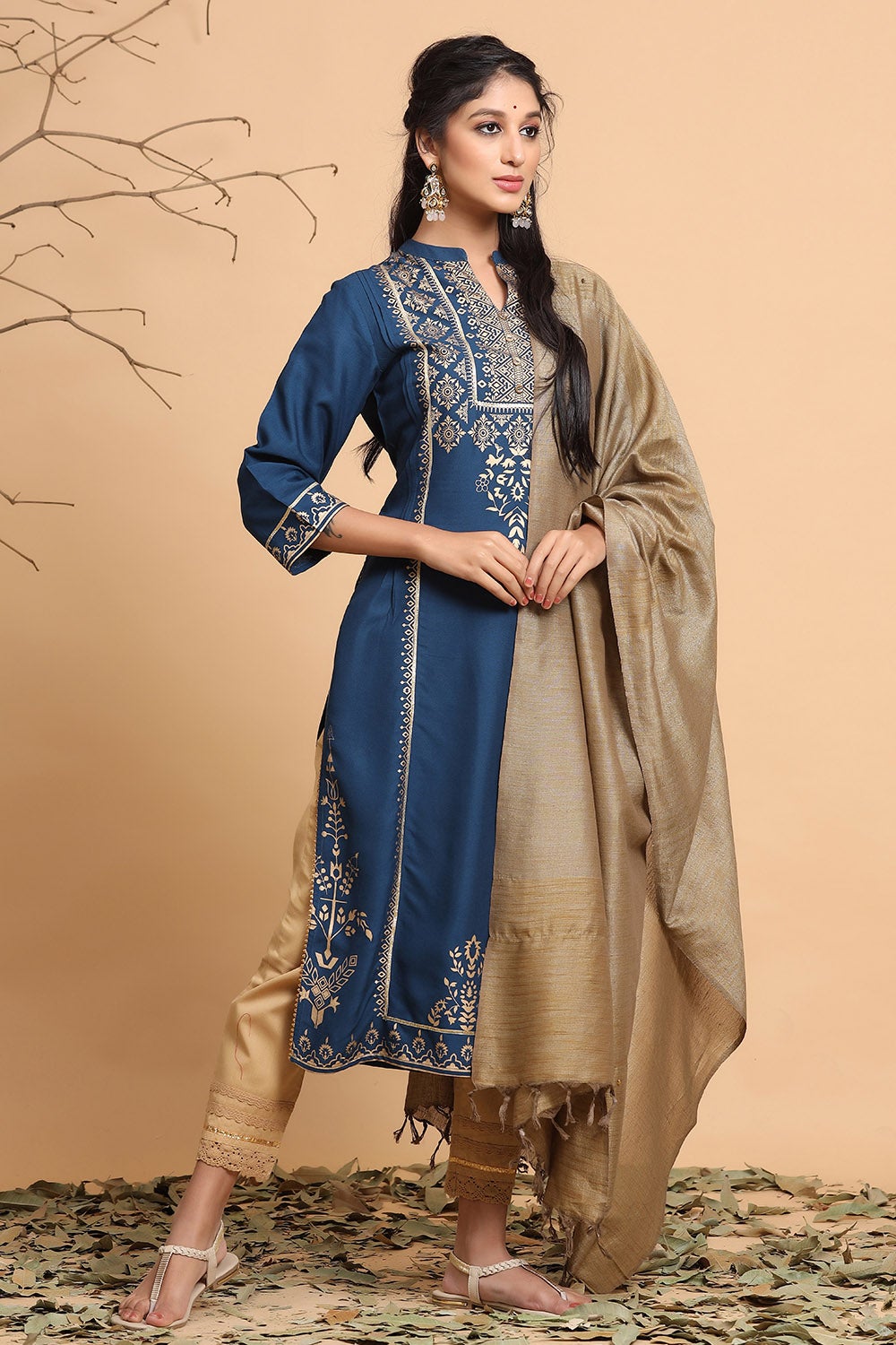 Juniper Women's Darkteal Rayon Printed Straight Kurta Dupatta Set - Distacart