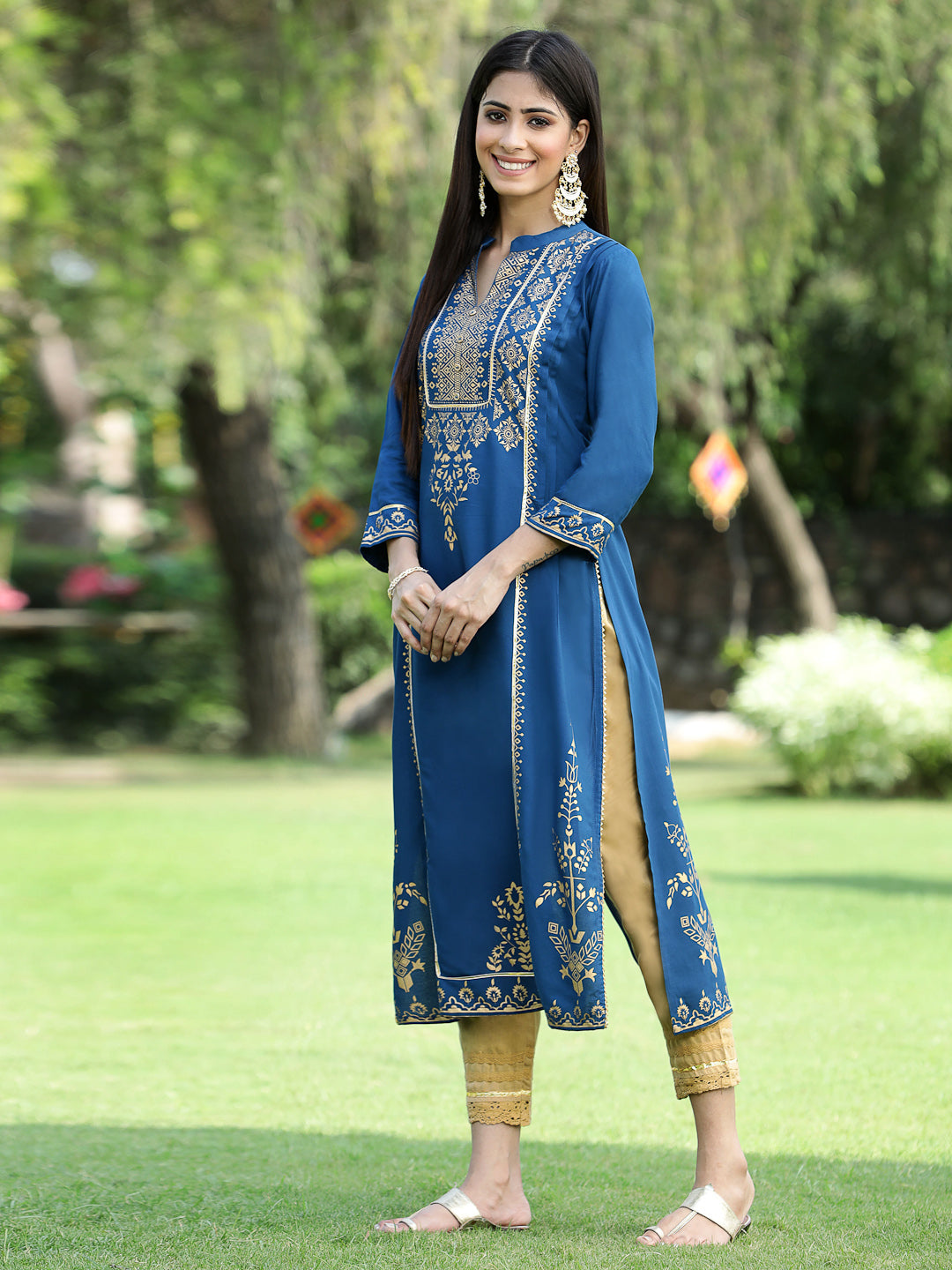 Juniper Womens Teal Rayon Foil Printed Kurta With Dupatta Set - Distacart