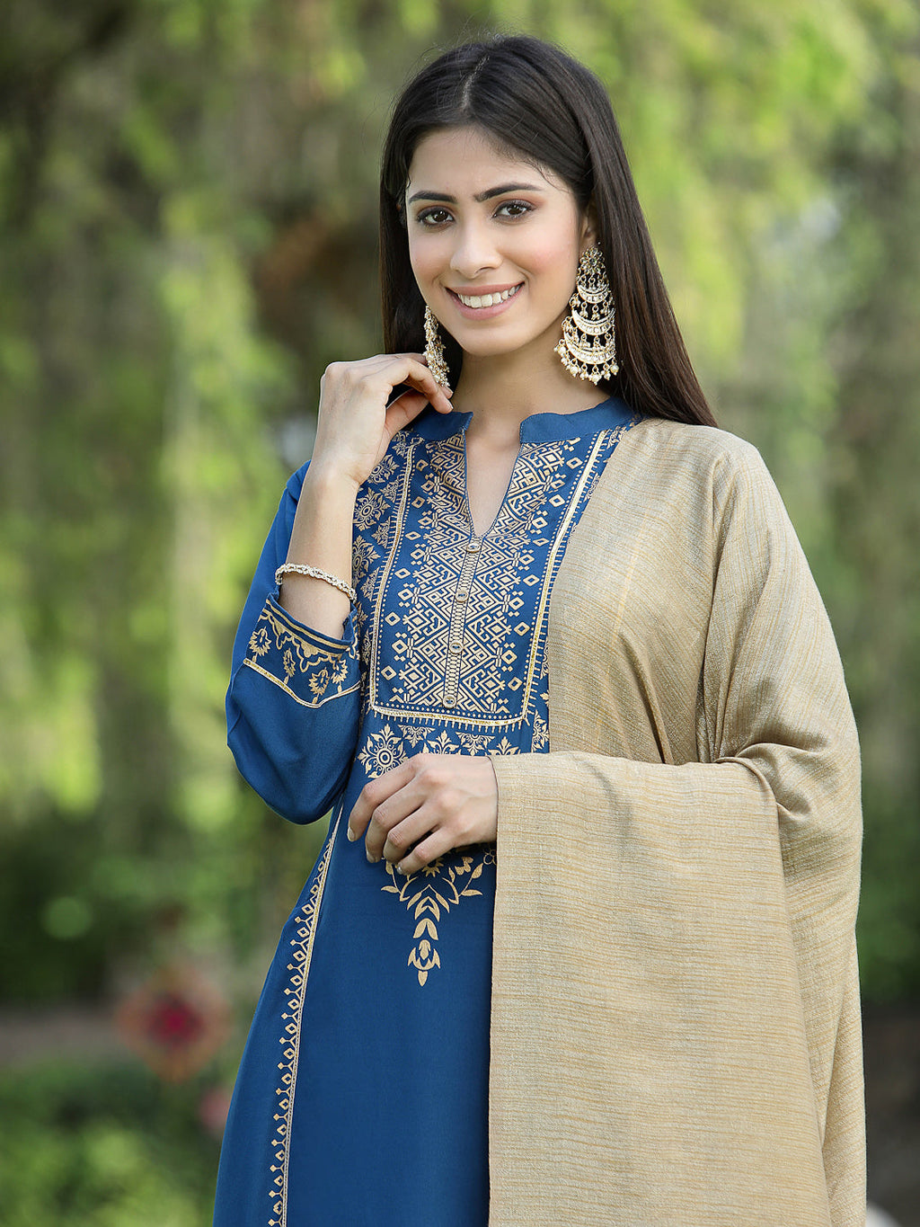Juniper Womens Teal Rayon Foil Printed Kurta With Dupatta Set - Distacart