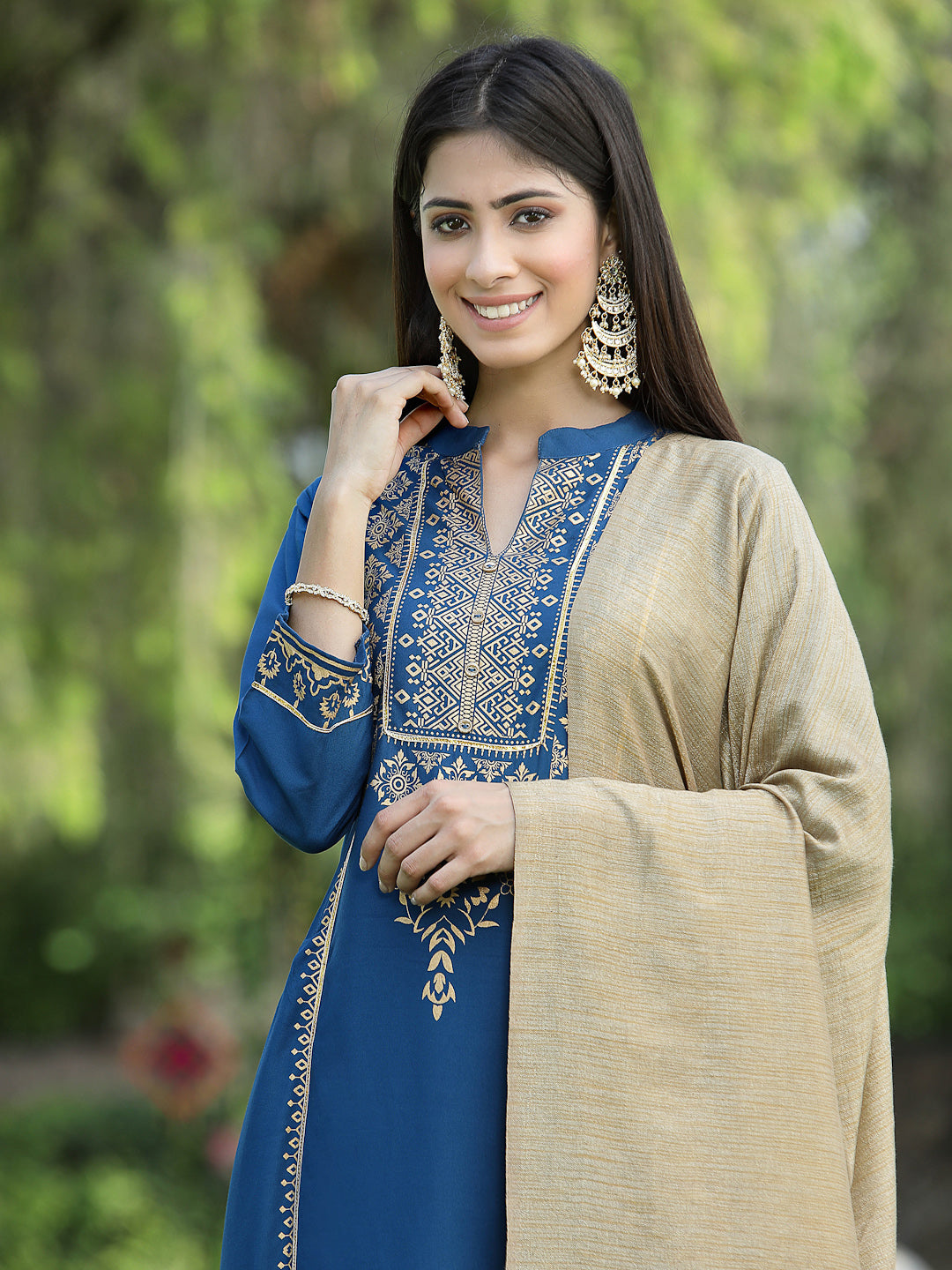 Juniper Womens Teal Rayon Foil Printed Kurta With Dupatta Set - Distacart