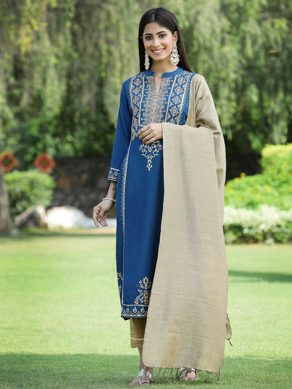 Juniper Womens Teal Rayon Foil Printed Kurta With Dupatta Set - Distacart