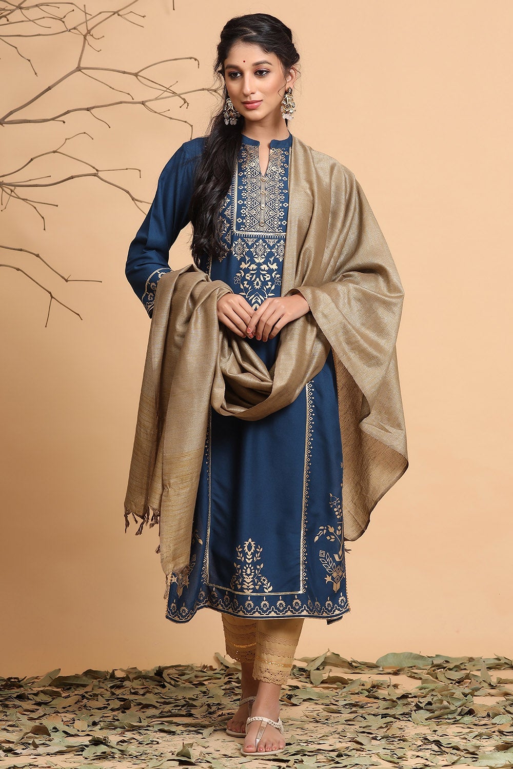 Juniper Women's Darkteal Rayon Printed Straight Kurta Dupatta Set - Distacart