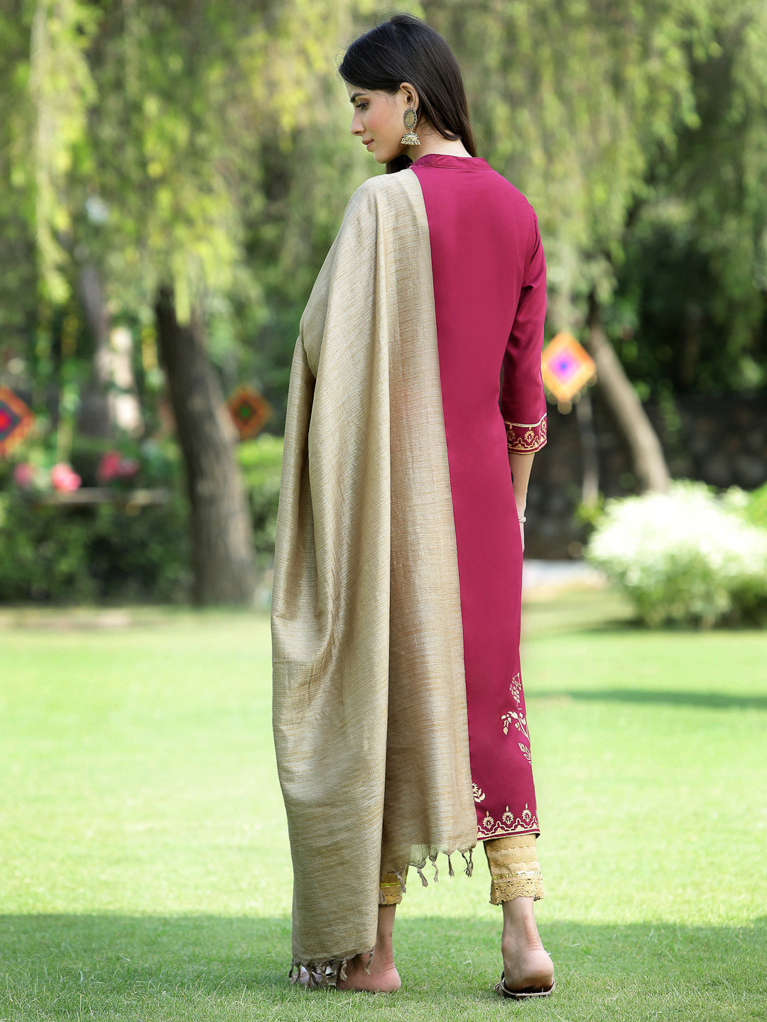 Juniper Womens Wine Color Rayon Foil Printed Kurta With Dupatta Set - Distacart