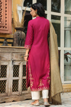Juniper Women's Wine Rayon Printed Straight Kurta Dupatta Set - Distacart