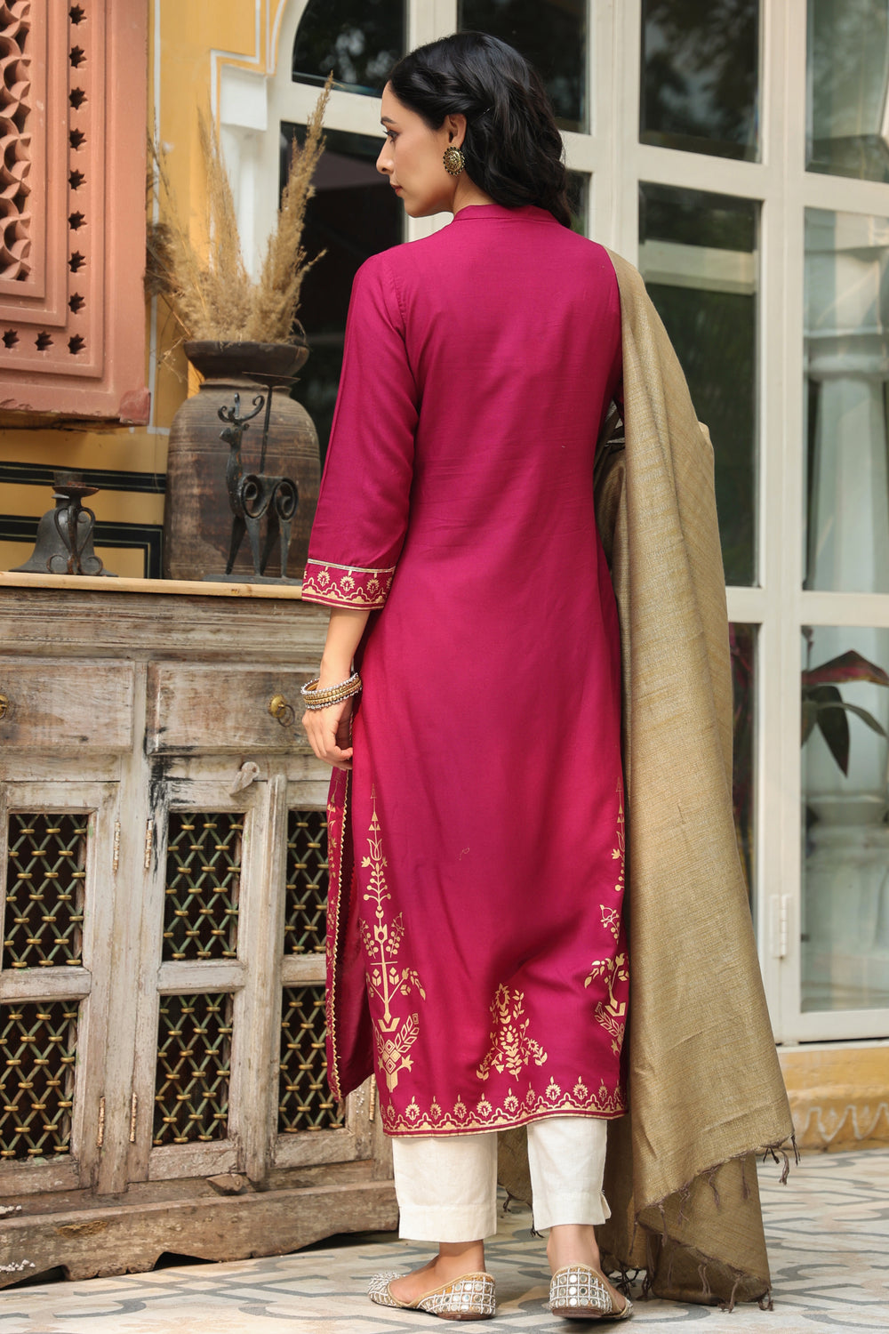 Juniper Women's Wine Rayon Printed Straight Kurta Dupatta Set - Distacart