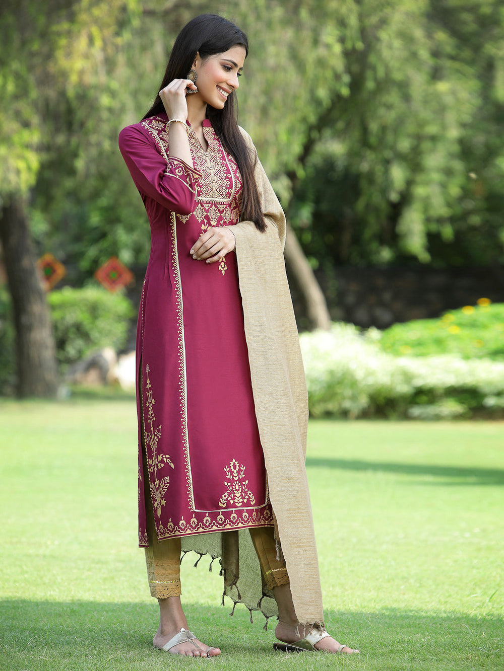 Juniper Women's Wine Rayon Printed Straight Kurta Dupatta Set - Distacart