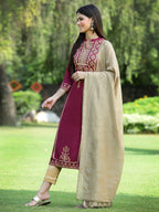 Juniper Womens Wine Color Rayon Foil Printed Kurta With Dupatta Set - Distacart