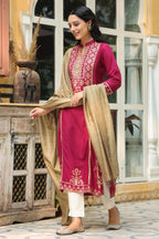 Juniper Women's Wine Rayon Printed Straight Kurta Dupatta Set - Distacart