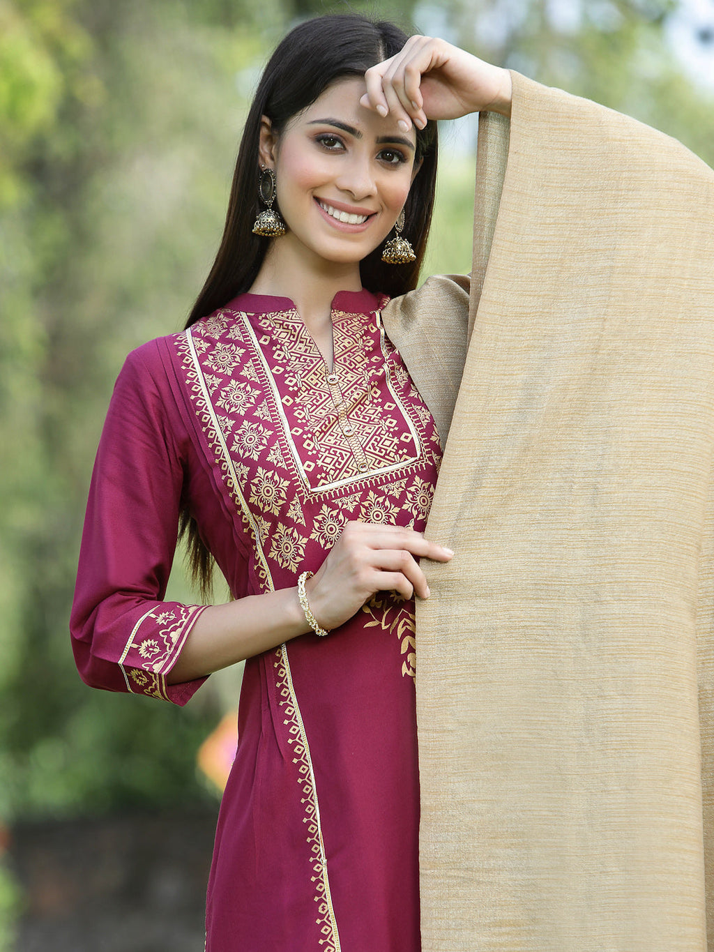 Juniper Womens Wine Color Rayon Foil Printed Kurta With Dupatta Set - Distacart