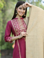 Juniper Womens Wine Color Rayon Foil Printed Kurta With Dupatta Set - Distacart
