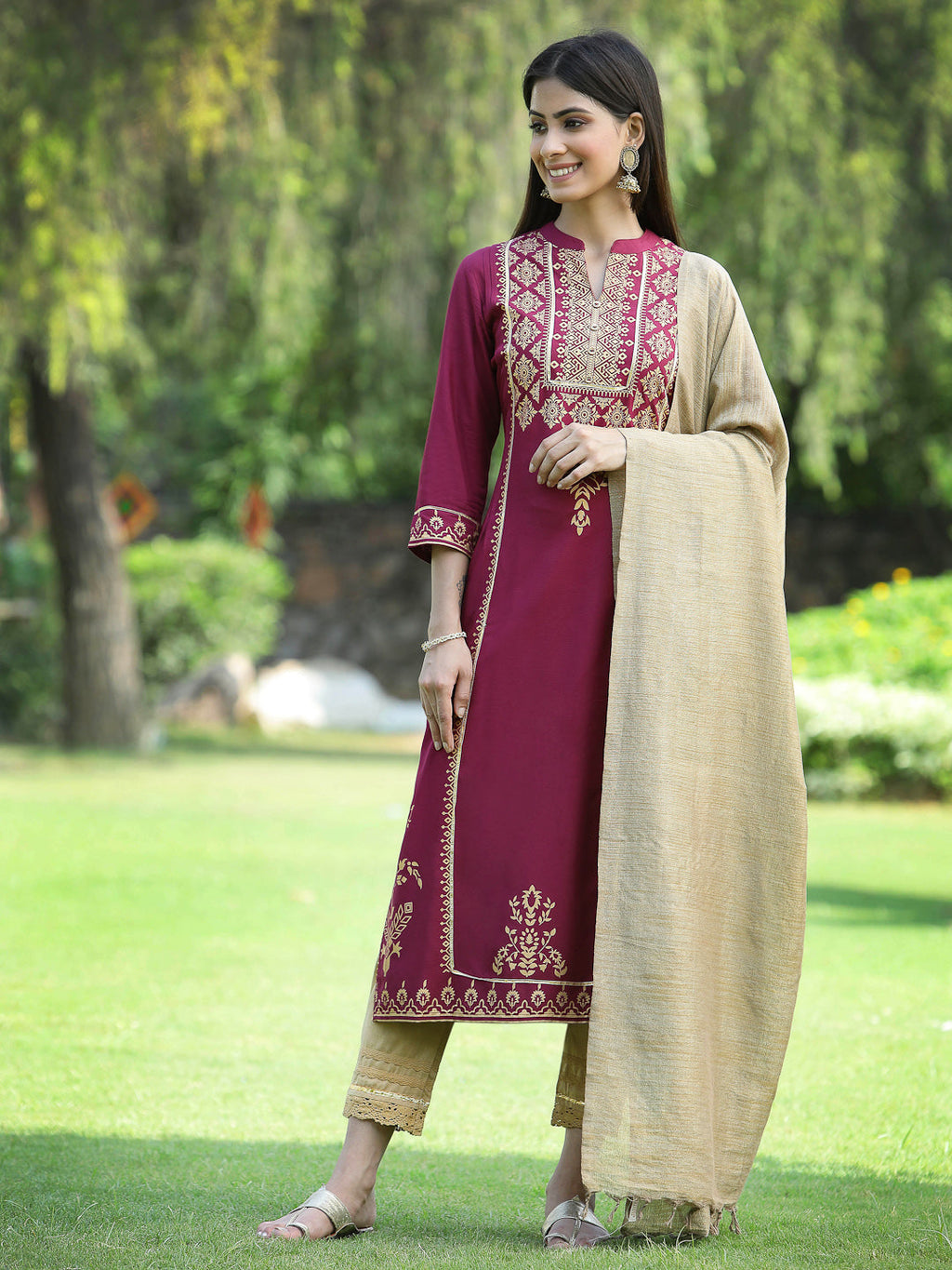 Juniper Womens Wine Color Rayon Foil Printed Kurta With Dupatta Set - Distacart