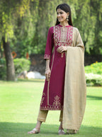 Juniper Womens Wine Color Rayon Foil Printed Kurta With Dupatta Set - Distacart