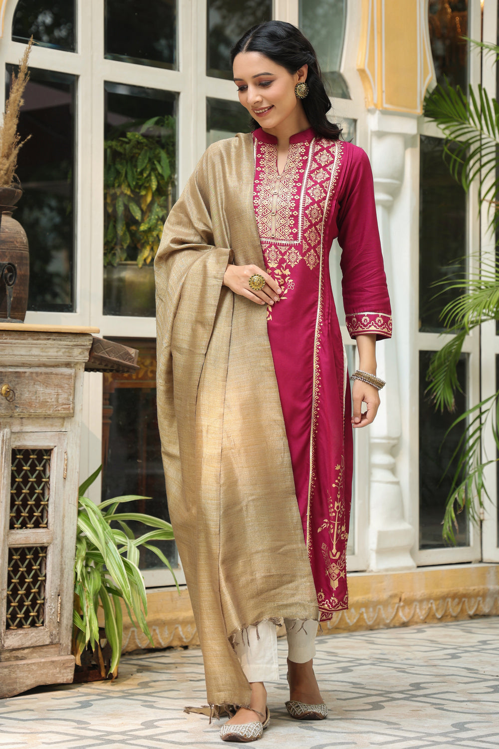 Juniper Women's Wine Rayon Printed Straight Kurta Dupatta Set - Distacart