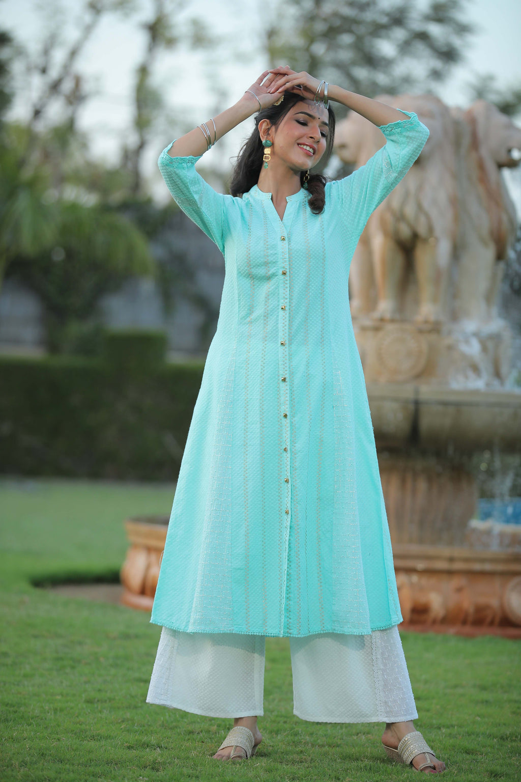 Juniper Women Aqua Cotton Dobby Printed A-Line Kurta - Distacart