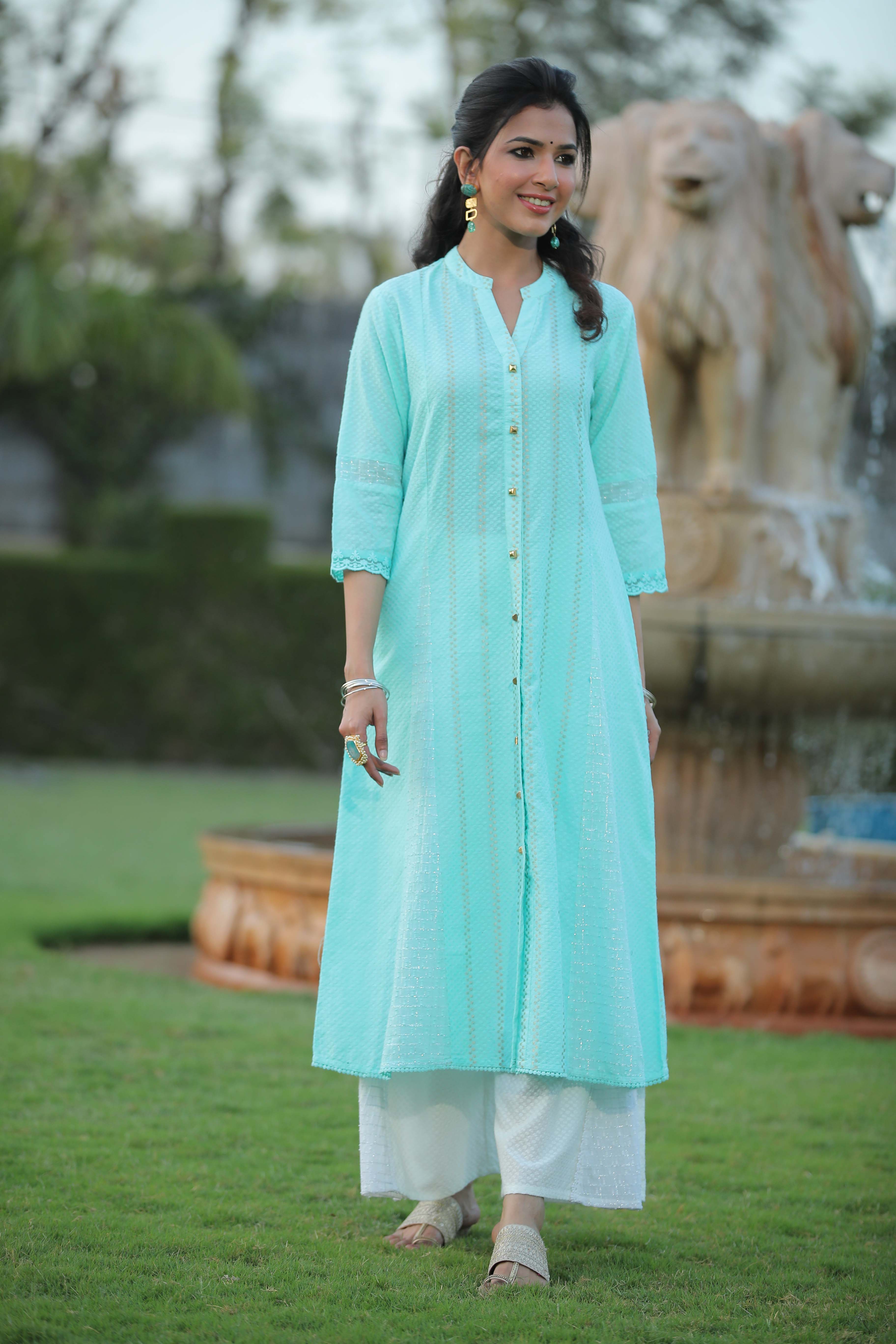 Juniper Women Aqua Cotton Dobby Printed A-Line Kurta - Distacart