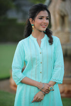 Juniper Women Aqua Cotton Dobby Printed A-Line Kurta - Distacart