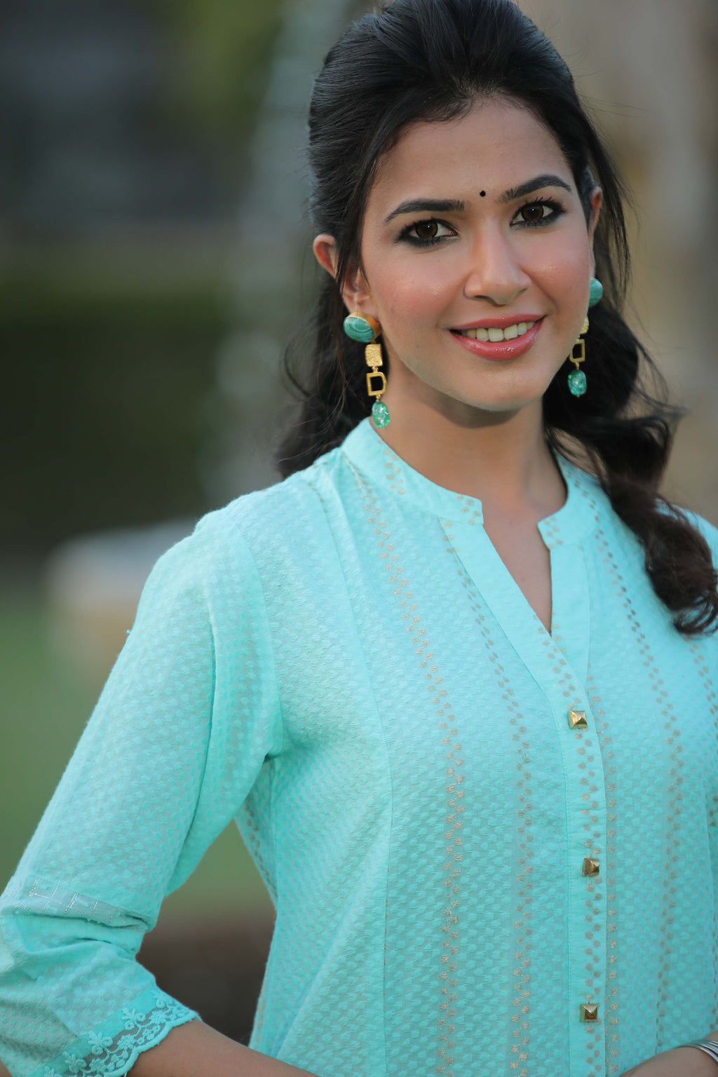 Juniper Women Aqua Cotton Dobby Printed A-Line Kurta - Distacart
