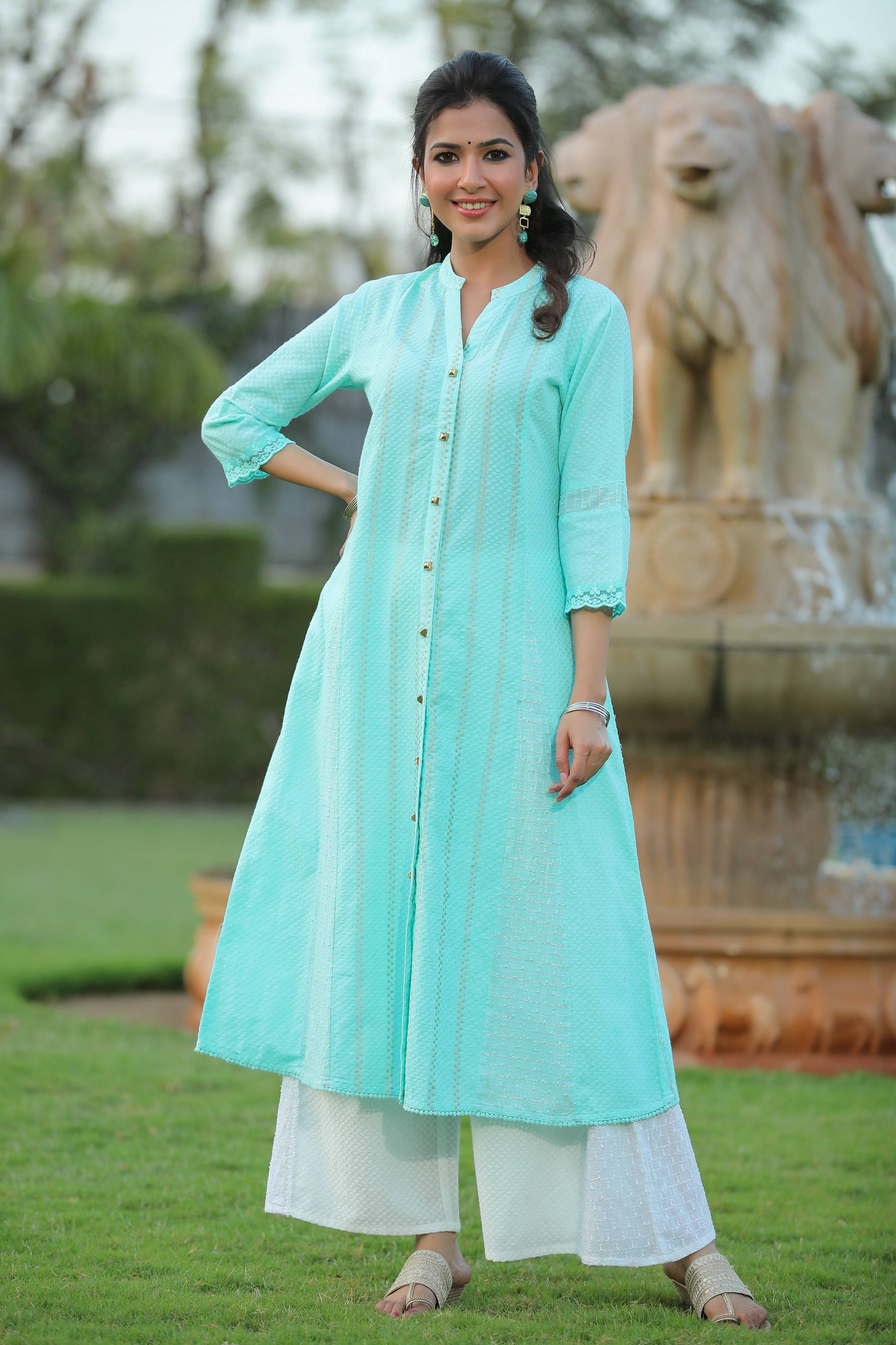 Juniper Women Aqua Cotton Dobby Printed A-Line Kurta - Distacart