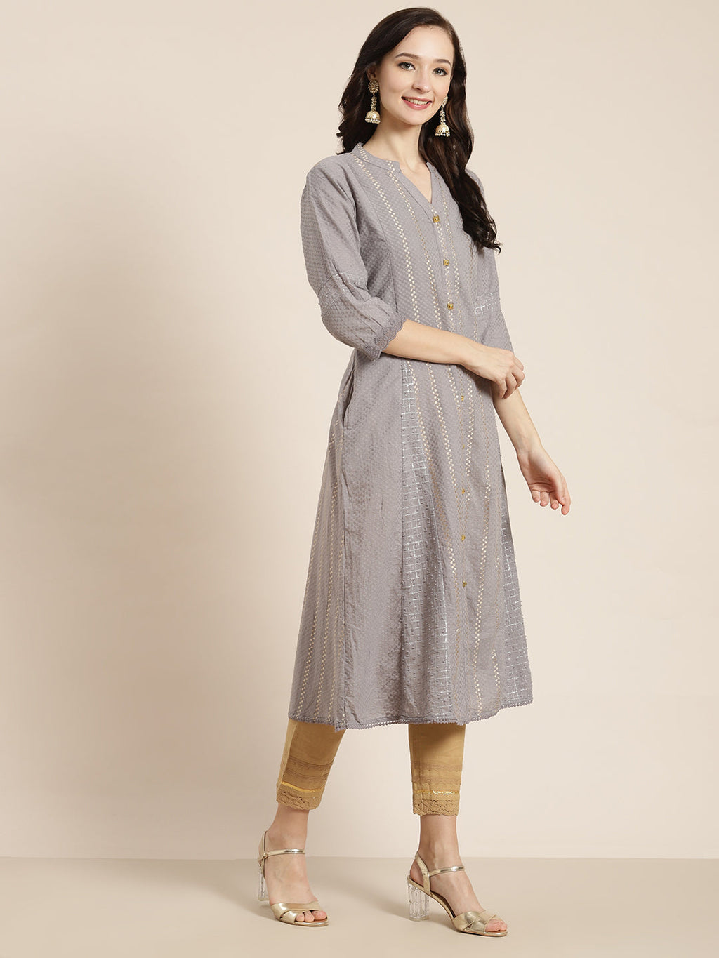 Juniper Womens Grey Cotton Dobby Kalidar Kurta - Distacart