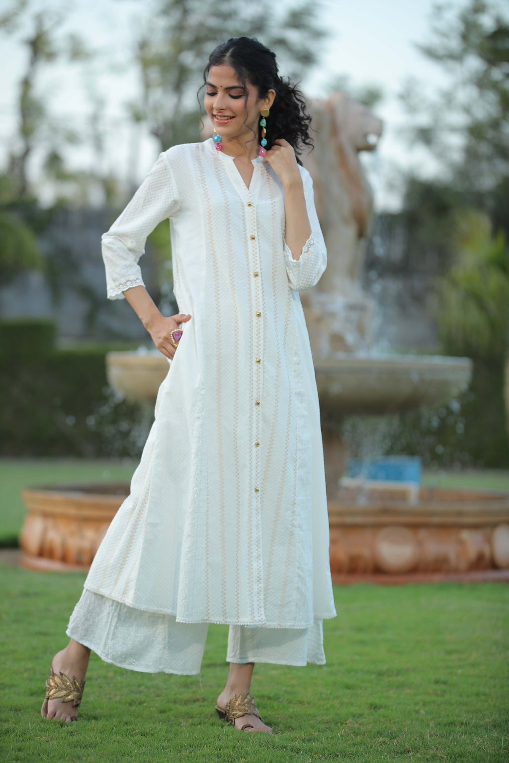 Juniper Womens White Cotton Dobby Kalidar Kurta
