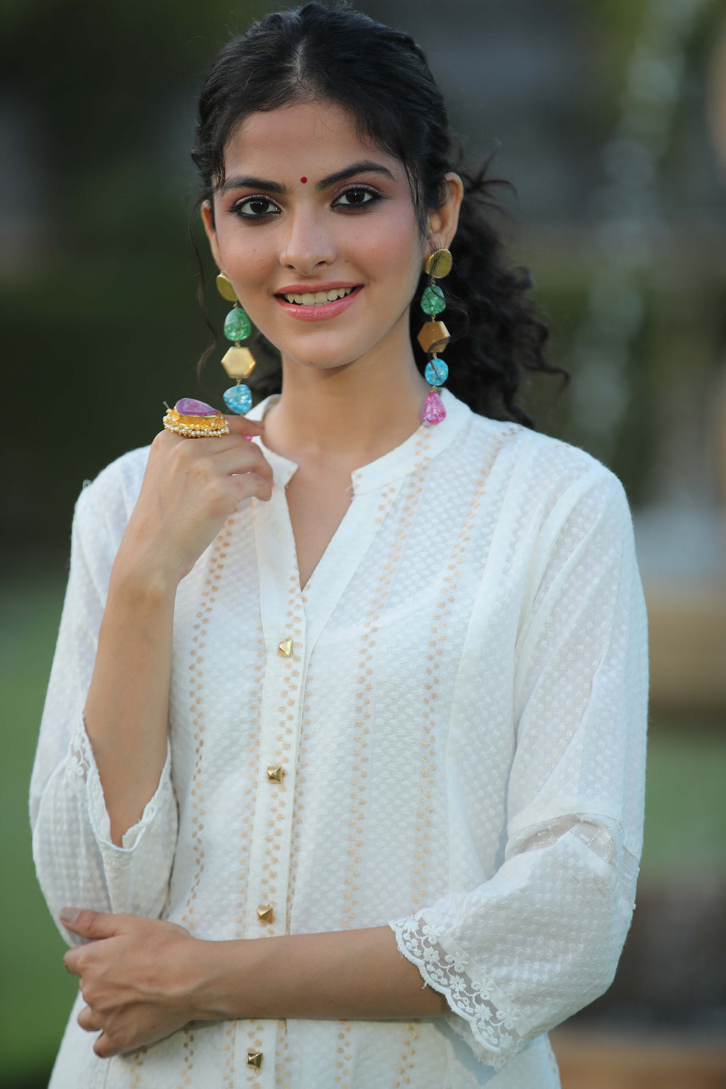 Juniper Womens White Cotton Dobby Kalidar Kurta
