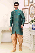 Raivat Ethnic Banarasi Jacquard Embroidery Semi Indo Western Sherwani In Green Colour