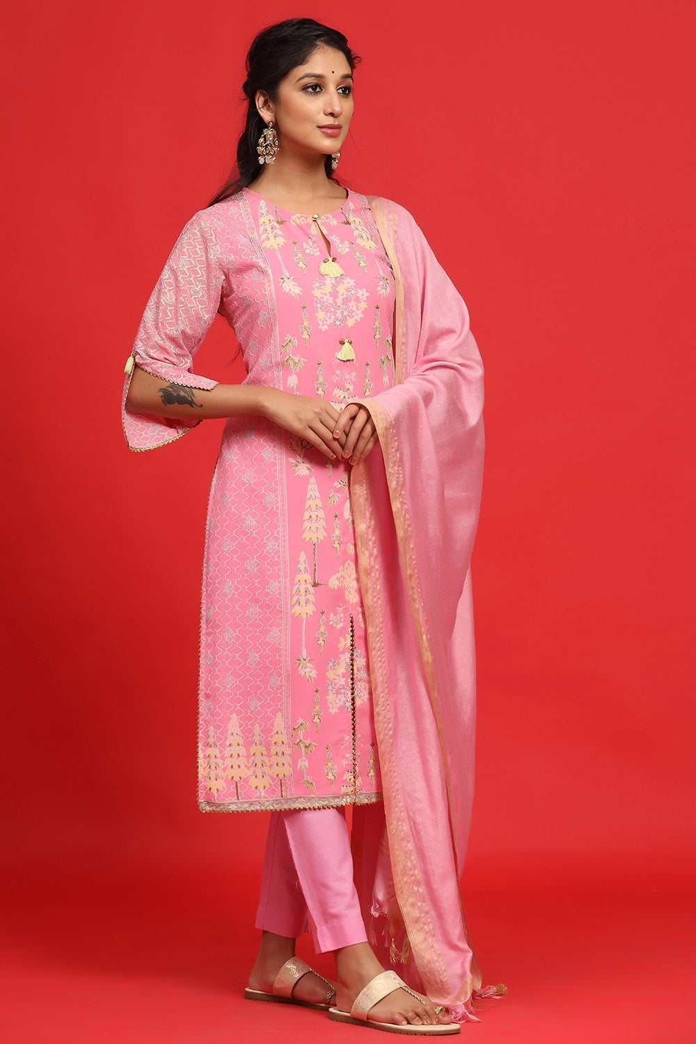 Juniper Women's Pink Georgette Printed A-Line Kurta Sets - Distacart