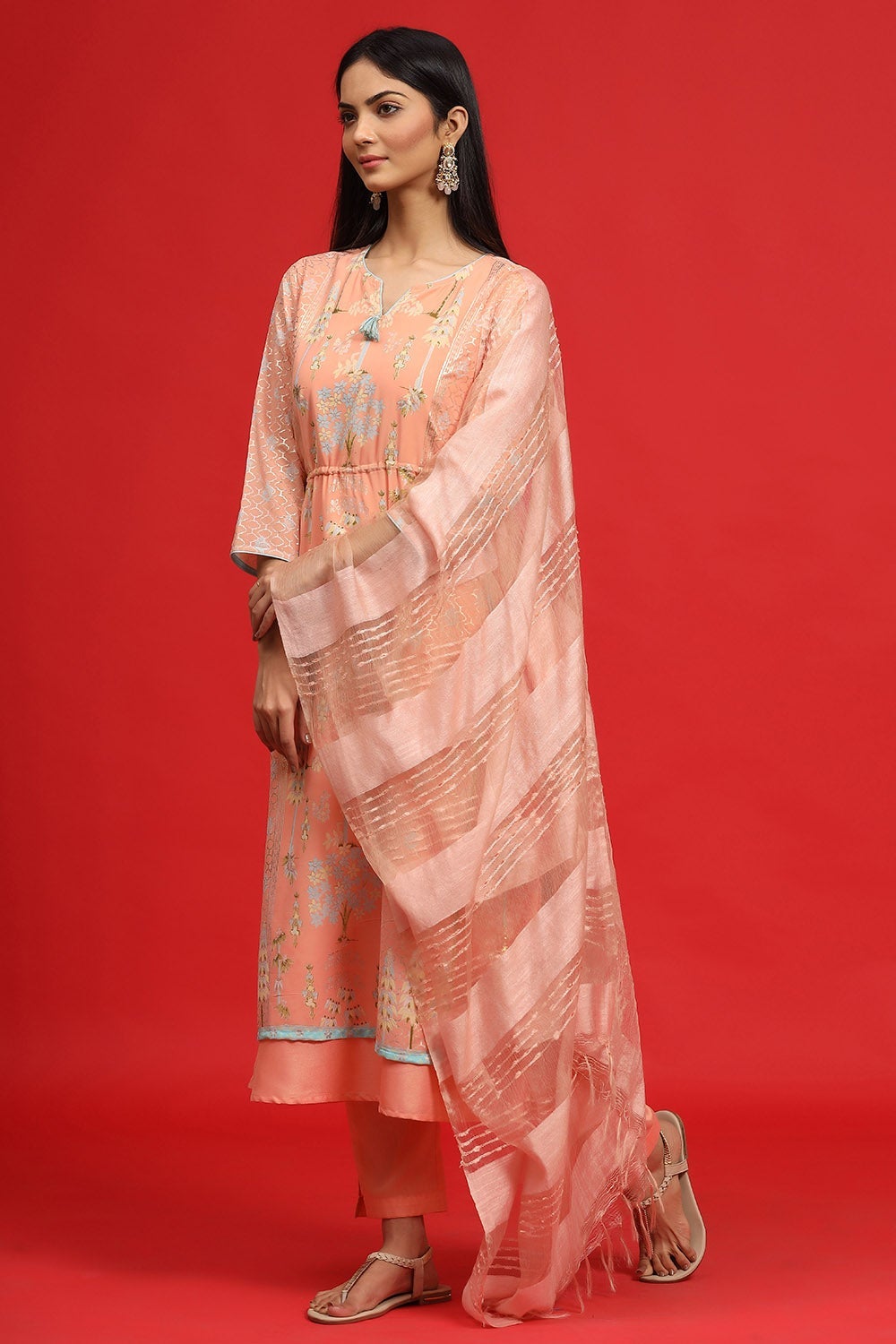 Juniper Women's Orange Georgette Printed Layered Kurta Sets - Distacart
