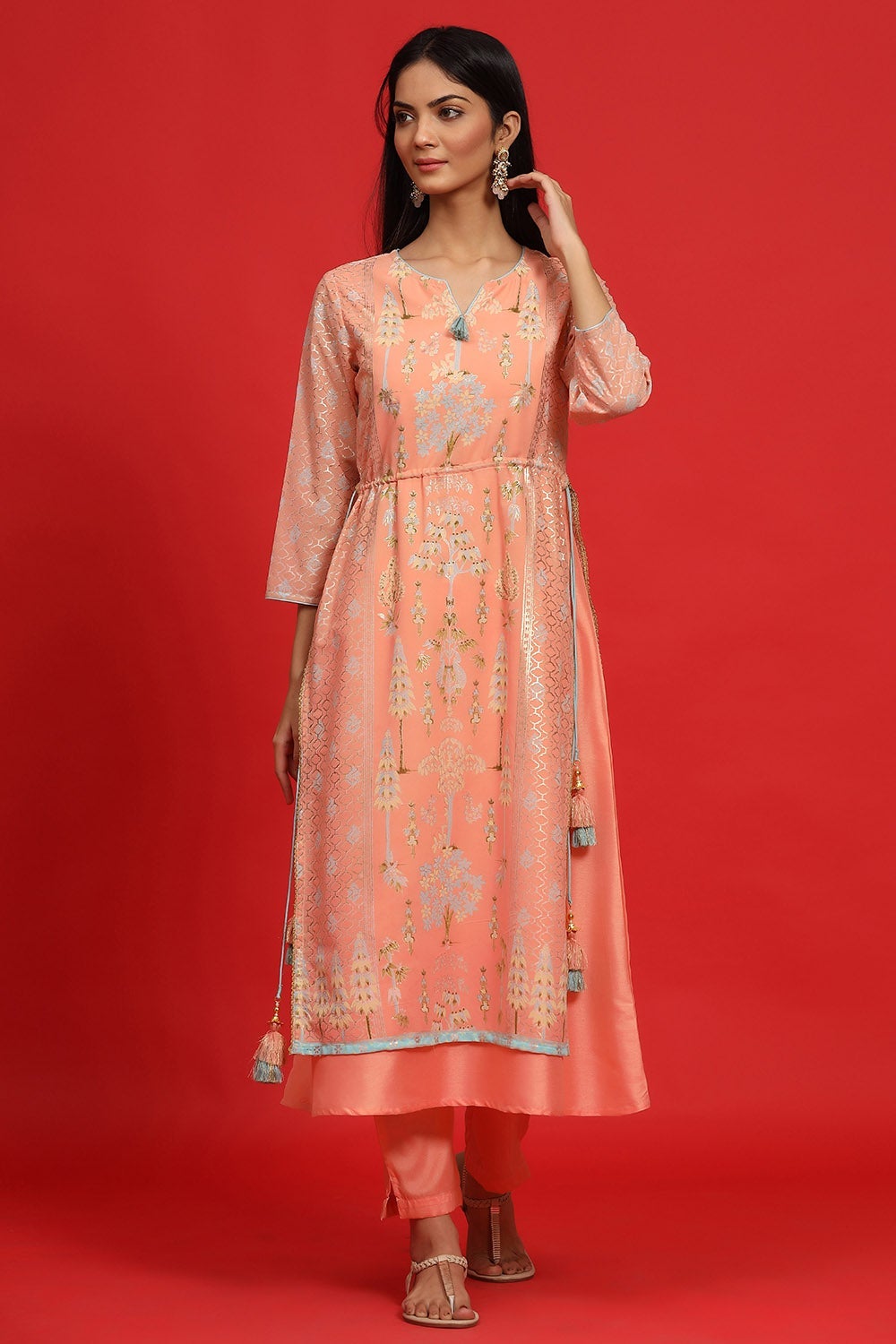 Juniper Women's Orange Georgette Printed Layered Kurta Sets - Distacart