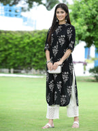 Juniper Womens Black Rayon Slub Printed Straight Kurta - Distacart