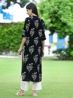 Juniper Womens Black Rayon Slub Printed Straight Kurta - Distacart