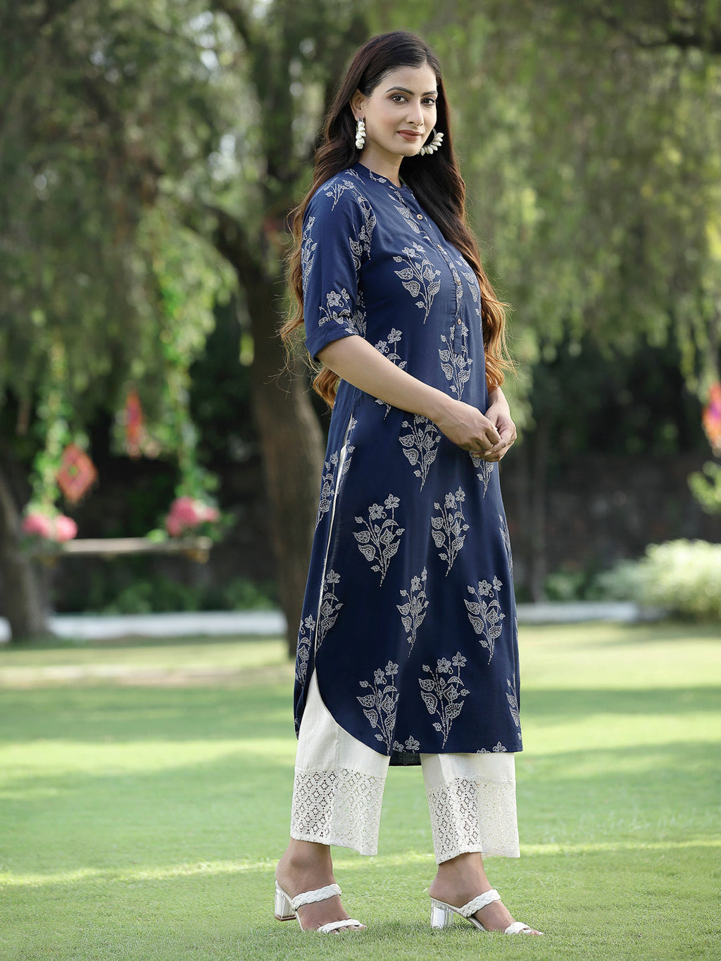 Juniper Womens Indigo Rayon Slub Printed Straight Kurta - Distacart