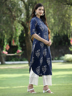 Juniper Womens Indigo Rayon Slub Printed Straight Kurta - Distacart