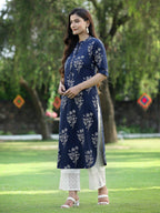 Juniper Womens Indigo Rayon Slub Printed Straight Kurta - Distacart