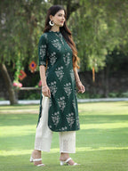Juniper Womens Jadegreen Rayon Slub Printed Straight Kurta - Distacart