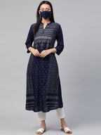 Juniper Womens Indigo Rayon Slub Placement Printed A Line Kurta - Distacart