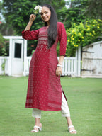 Juniper Womens Maroon Rayon Slub Placement Printed A Line Kurta - Distacart