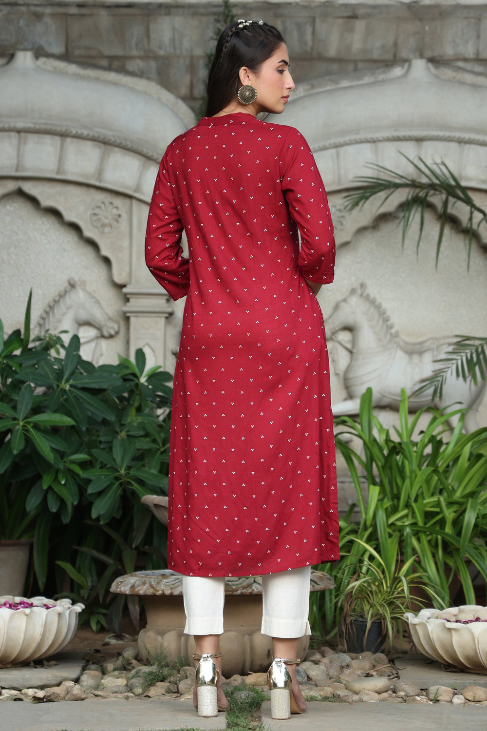 Juniper Women's Maroon Rayon Slub Bandhani A-Line Kurta - Distacart