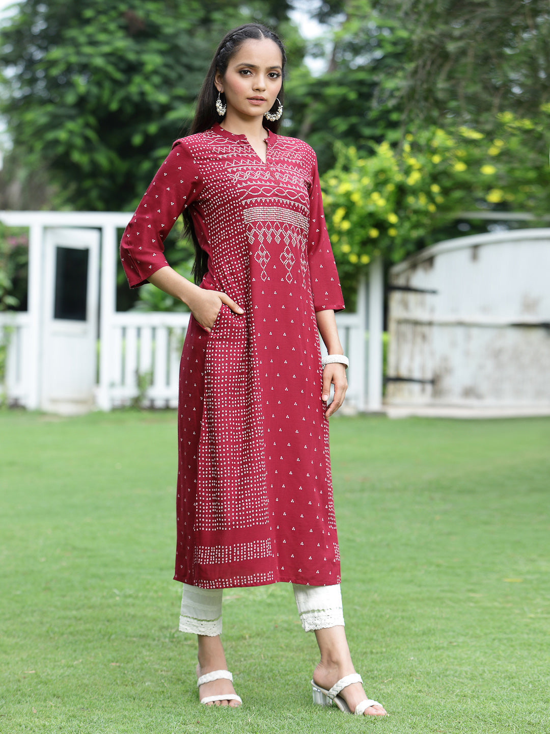 Juniper Womens Maroon Rayon Slub Placement Printed A Line Kurta - Distacart
