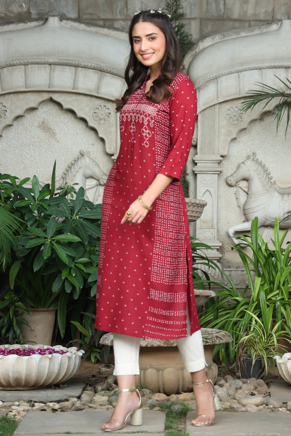 Juniper Women's Maroon Rayon Slub Bandhani A-Line Kurta - Distacart