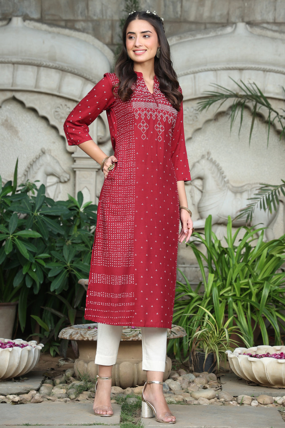 Juniper Women's Maroon Rayon Slub Bandhani A-Line Kurta - Distacart