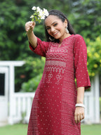 Juniper Womens Maroon Rayon Slub Placement Printed A Line Kurta - Distacart